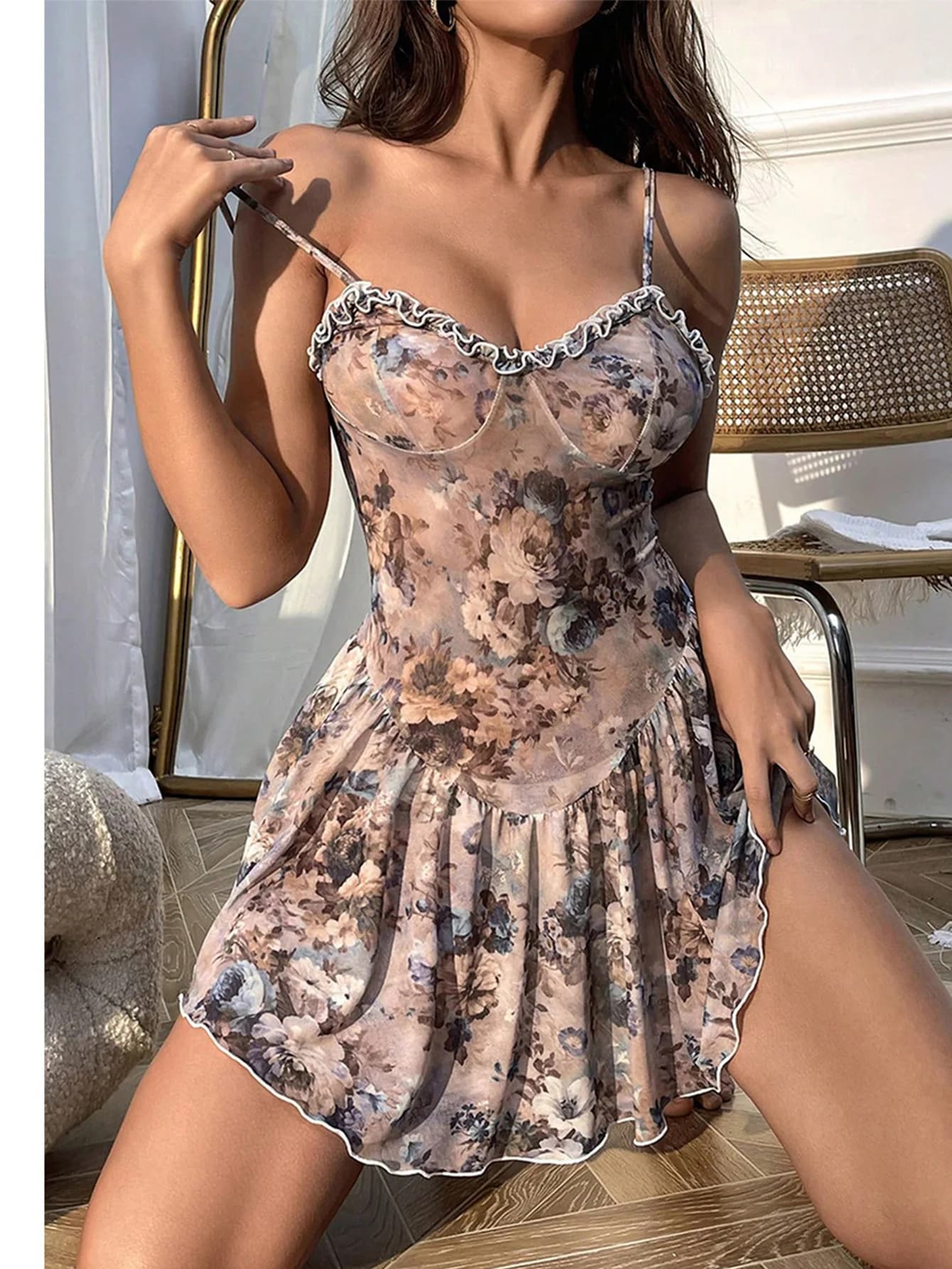 Chemise de nuit camisole florale mini jupe avec dentelle sexy chemises de nuit pour femmes chaudes p