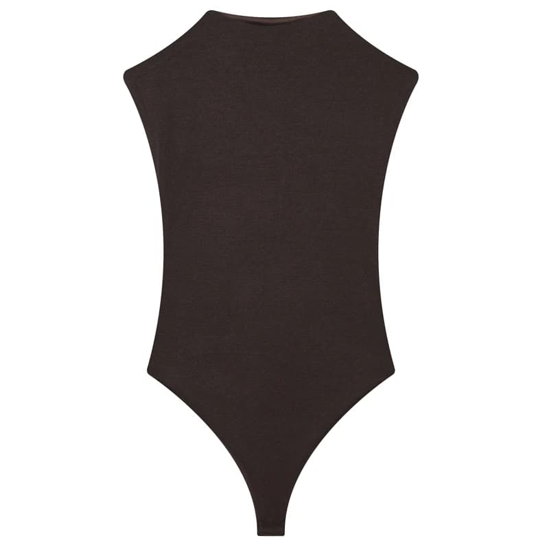 Body moulant marron sexy pour femme, design dos évidé, sans manches, dos nu, col montant, style déba