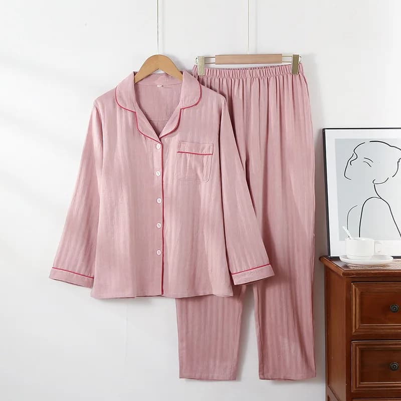 Pyjama de Couple de Style japonais, ensemble 2 pièces, 100% coton, manches longues, pantalon Simple 