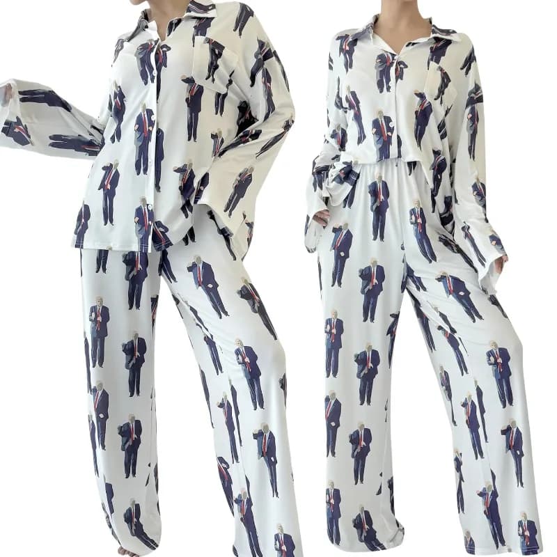 Ensemble pyjama imprimé pour femmes, vêtements de nuit décontractés, cordon de serrage, taille élast