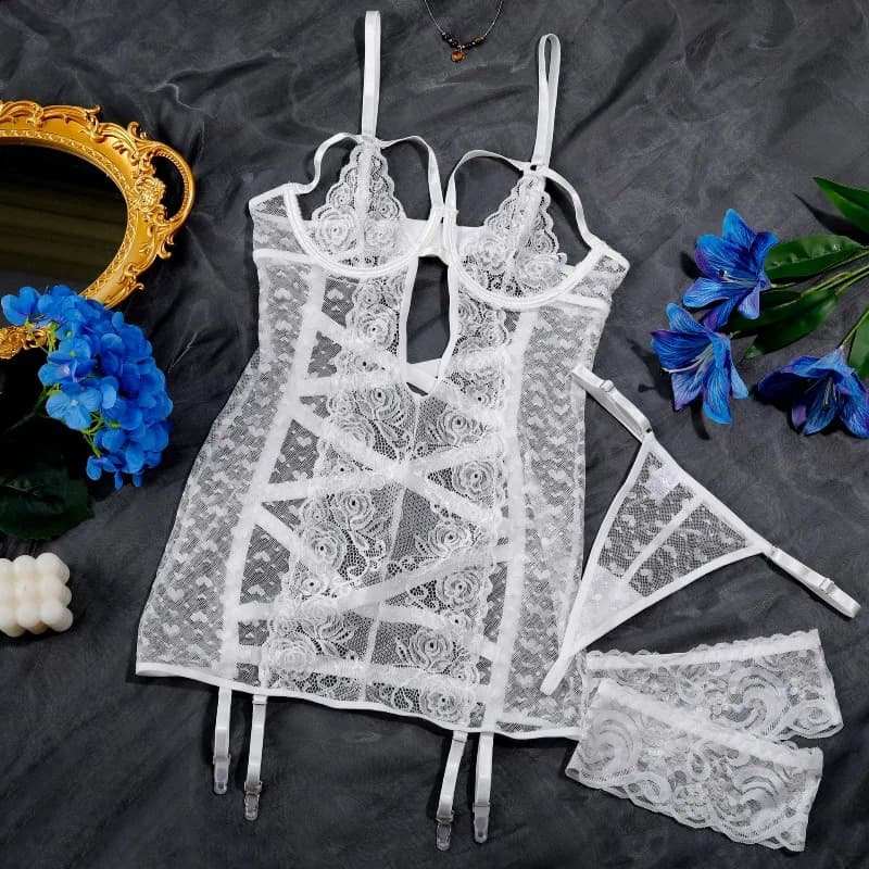 Ensembles de Lingerie Féminine Saint-Valentin, Robe Séduisante et String 2 Pièces avec Cercles de Ja