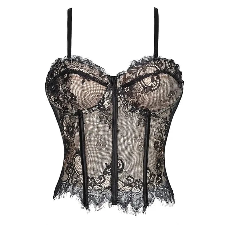 Corset pour femme noir à dentelle florale, bretelles fines réglables, dos en satin à lacets, deux op
