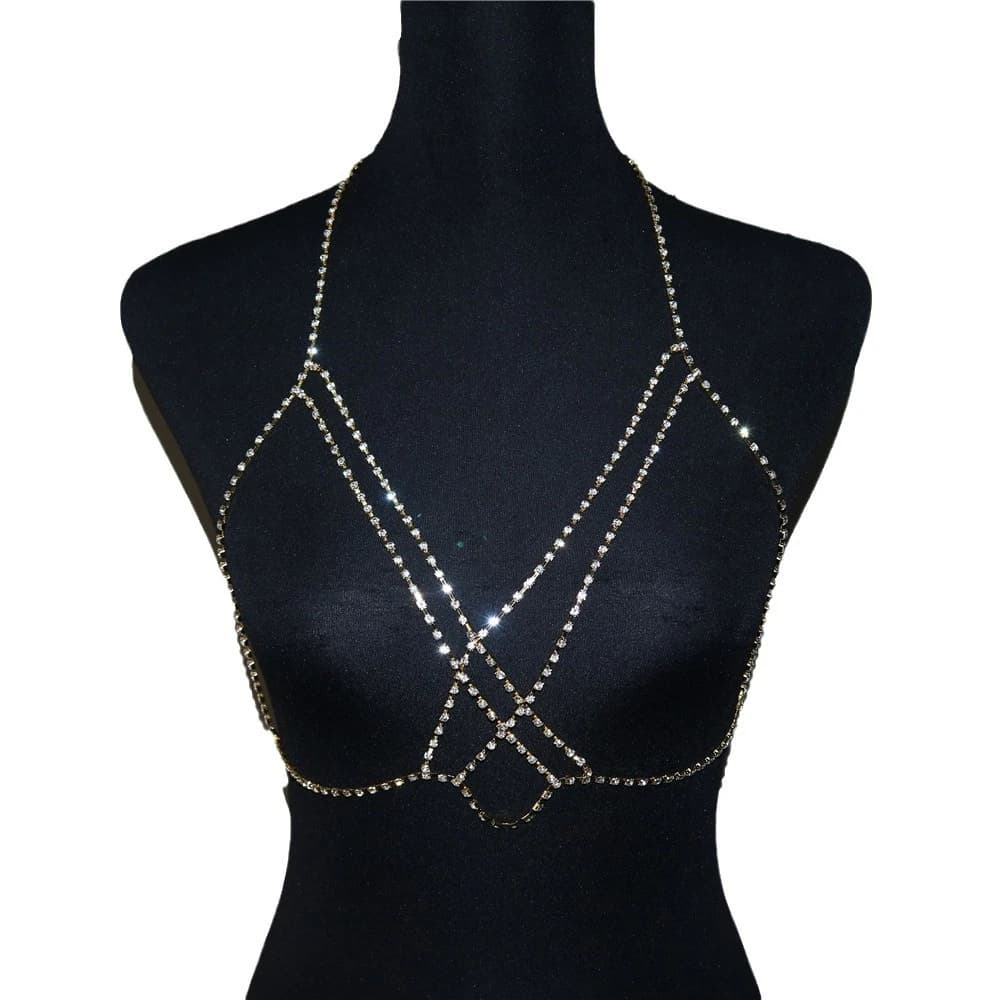 Soutien-gorge en strass réseau croisé brillant, chaîne de corps exagérée pour femmes, chaîne de sout