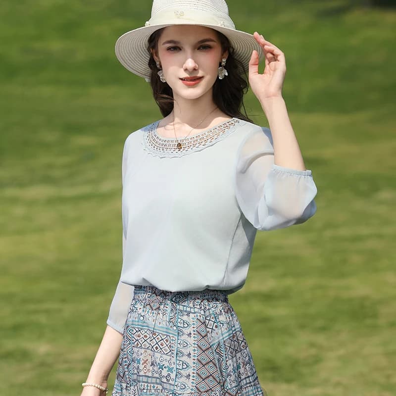I BELIEVE YOU Blouse en Chiffon Bleu Clair pour Femme Printemps 2026, Col Rond en Dentelle Crochetée