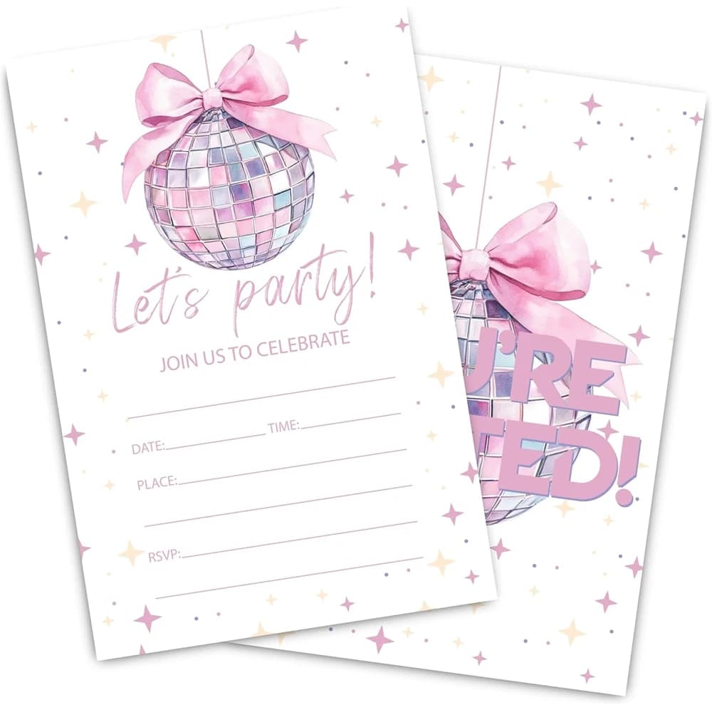 10 Ensembles de Cartes d'Invitation Rose Nœud Papillon Boule Disco Style Coquette à Remplir pour Ann