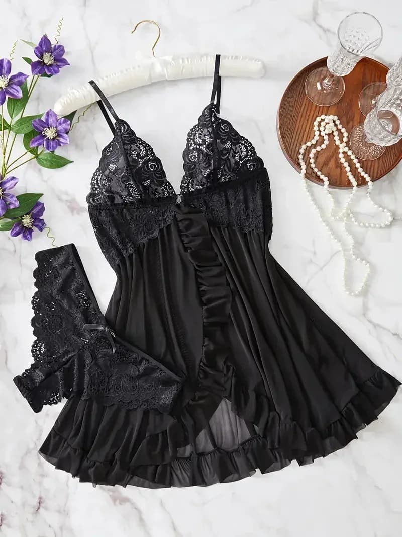 Femmes Chemise de nuit Sexy dentelle Chemise nœud Chemise de nuit vêtements de nuit solide mince rob