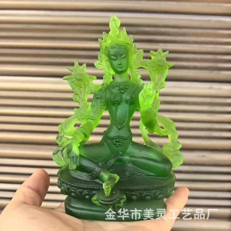 Statue bouddhiste tibétaine Tara verte, Mini Figurine de bouddha en résine et verre, décor artisanal