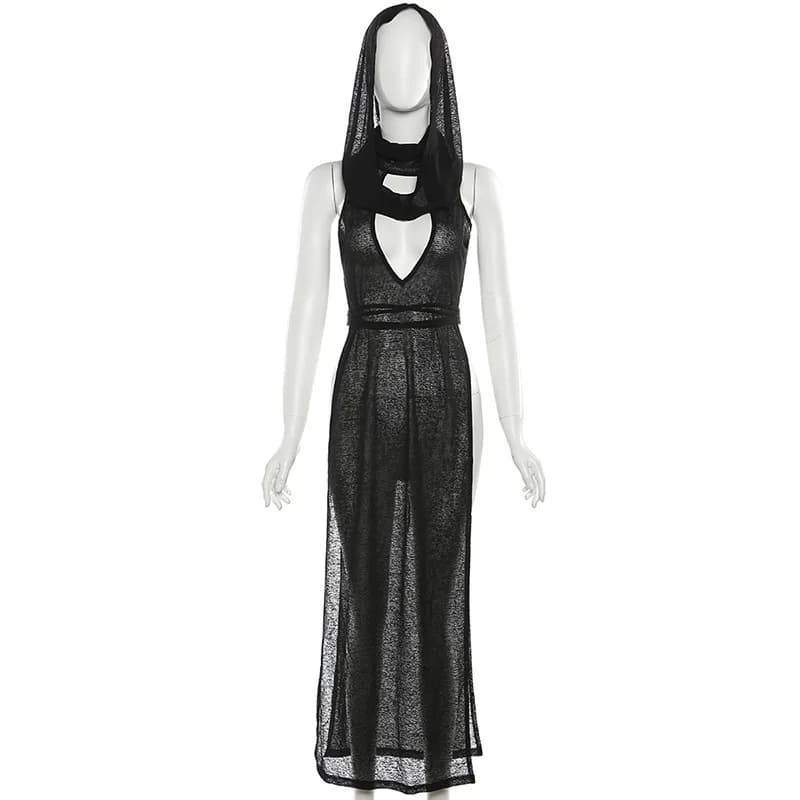 Robe longue sexy pour femme, style rave et gothique, pour festival et soirée, en maille transparente