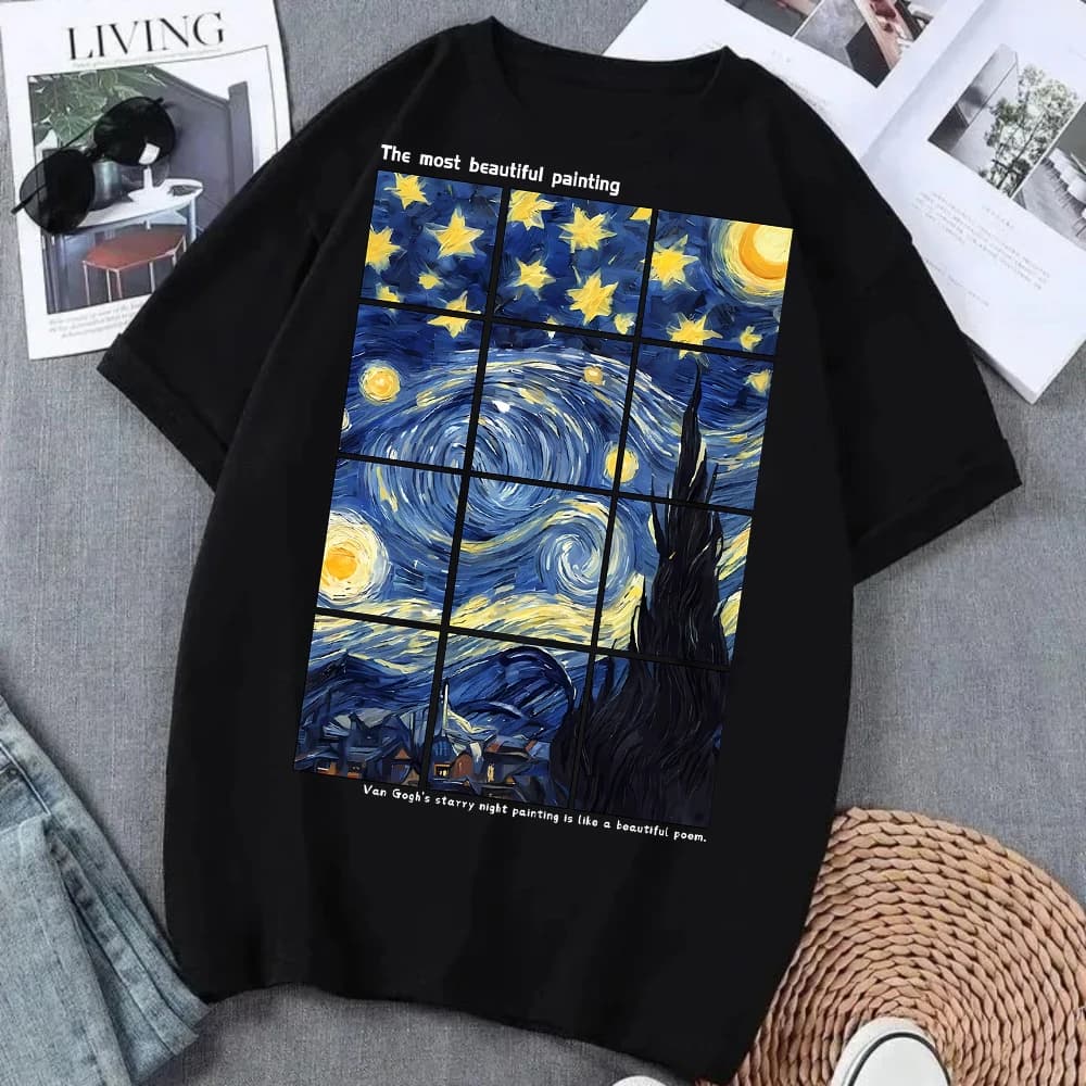 T-shirt unisexe Van Gogh 1889 At Night Starry Night, imprimé artistique rétro, décontracté, à manche