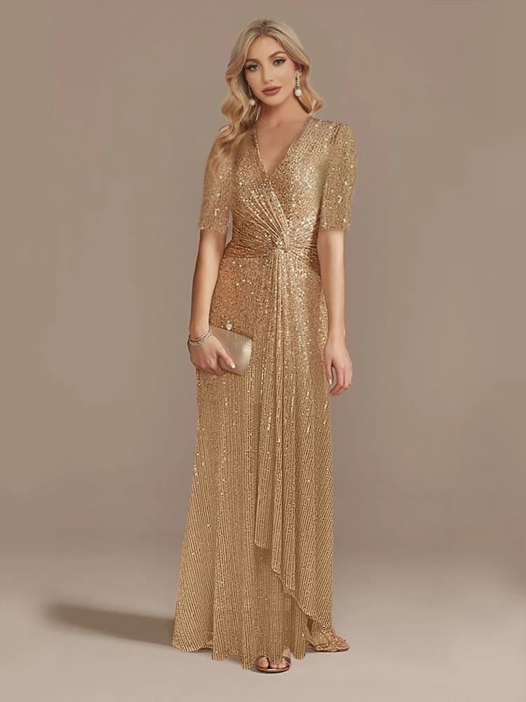 Robe de soirée de luxe, longueur au sol, col en v, élégante, Maxi, paillettes, manches courtes, robe