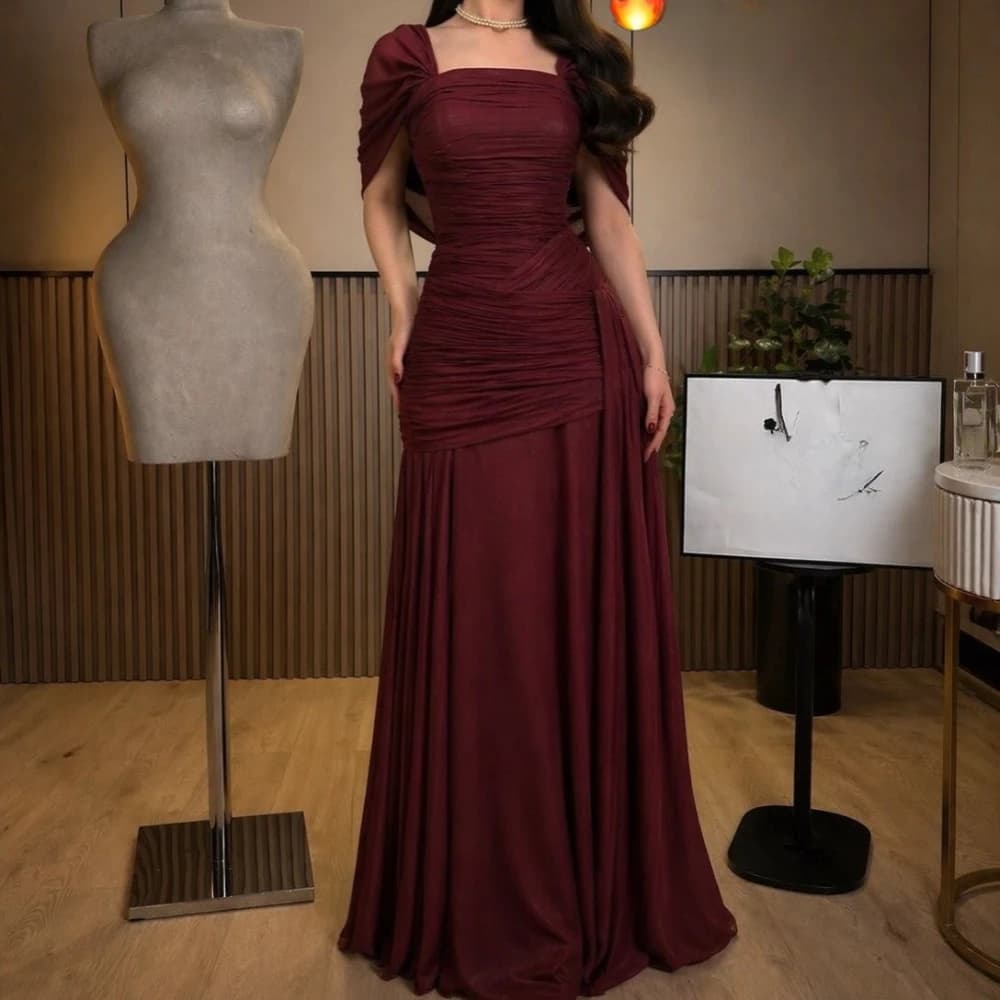 Robes de bal simples bordeaux pour femmes, col carré, manches courtes, châle, robe de soirée plissée