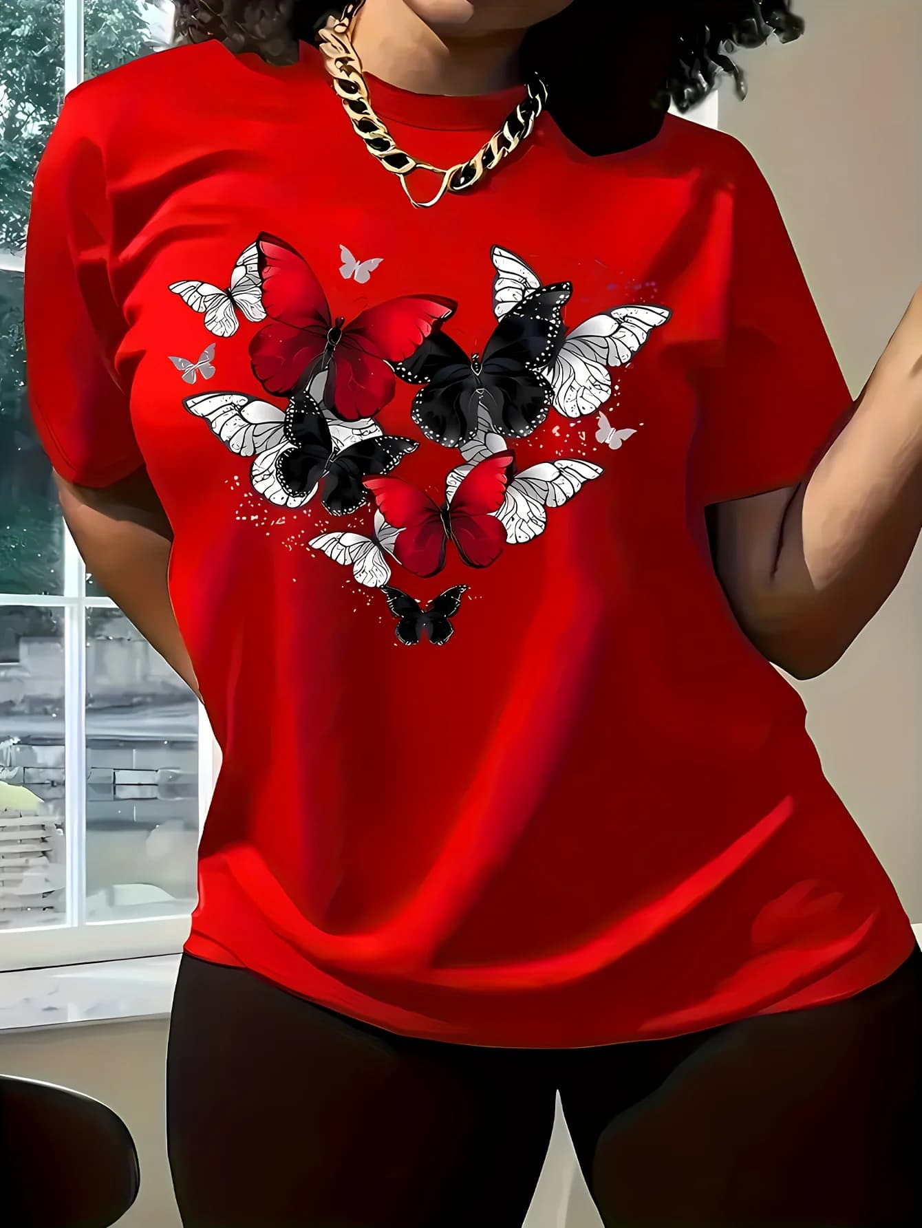 T-Shirt à manches courtes et col rond pour femme, haut décontracté, imprimé cœur papillon rouge, pou