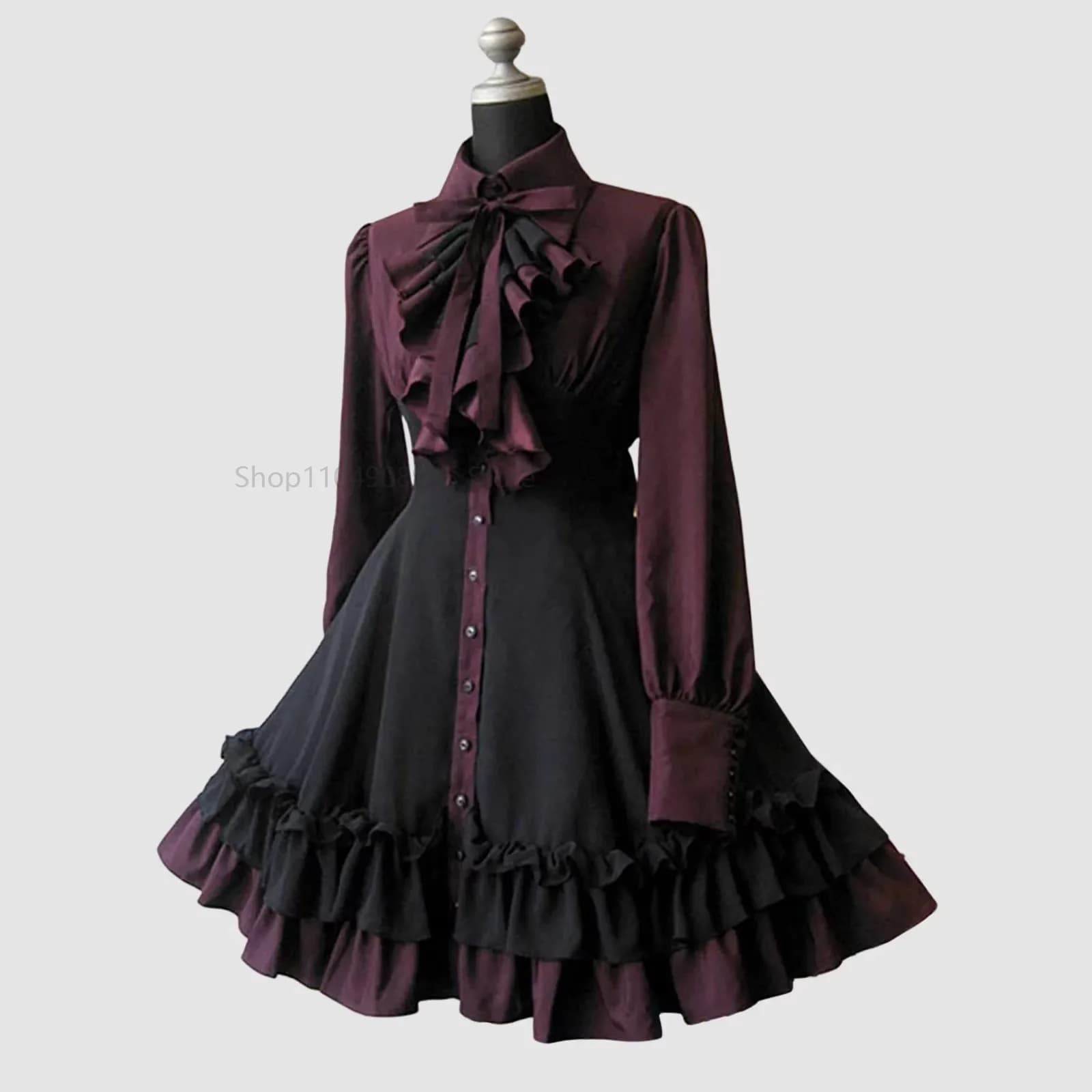 Robe gothique Lolita médiévale rétro noire pour femmes, col à nœud plissé à lacets, Vintage Chic, Ju