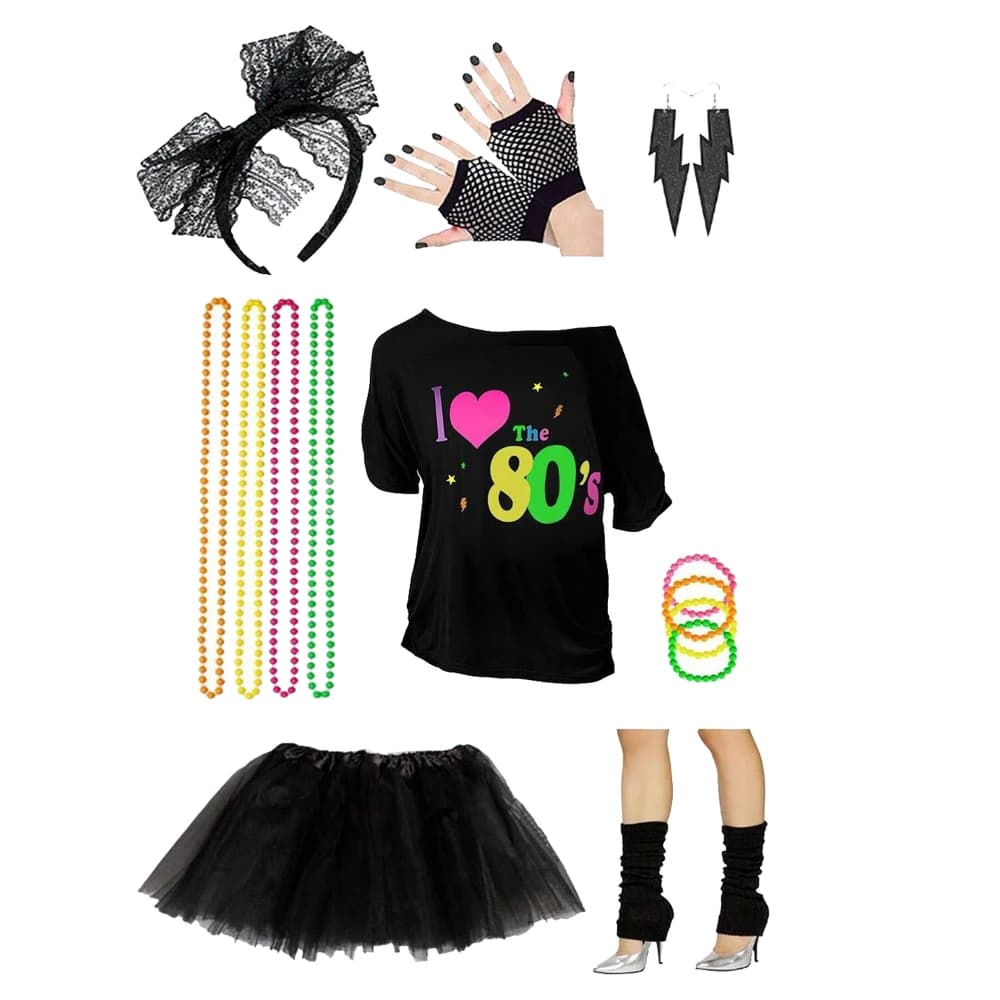 Ensemble d'accessoires de costume des années 80 pour femmes, tenue des années 1980, t-shirt Tutu, Hi