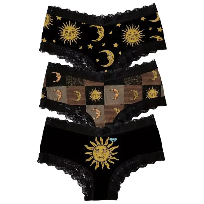 Culottes confortables taille basse à bordure en dentelle, motif Soleil Lune, grande taille, sans cou