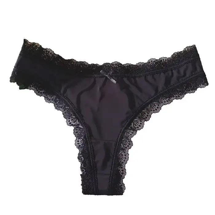 Culottes sans couture en soie glacée avec entrejambe en coton, taille basse, dentelle et nœud, linge