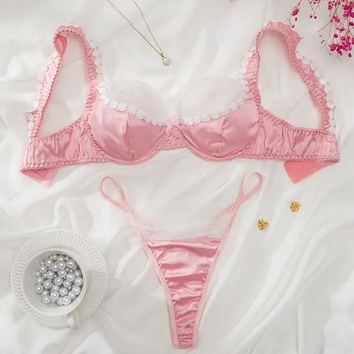 Ensemble de lingerie en satin rose doux, soutien-gorge en dentelle florale, sous-vêtements de luxe,