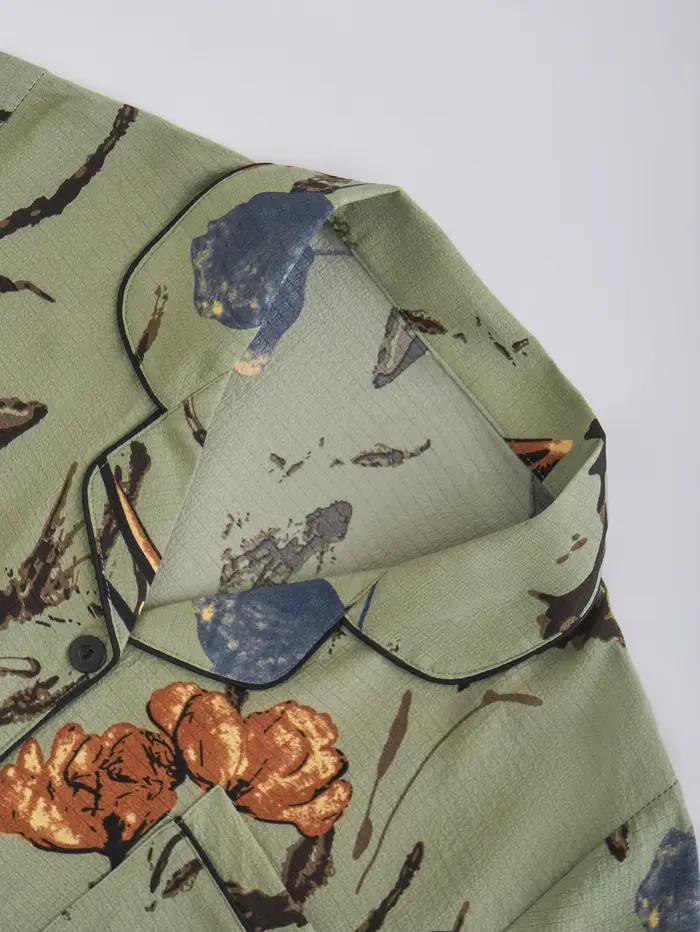 Pyjama rétro vert à fleurs pour femmes, vêtements de nuit décontractés à manches courtes et pantalon long, ensemble confortable pour le printemps et l'été