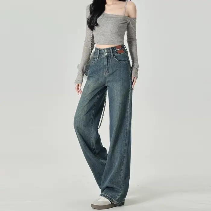Pantalons de Femmes Élégants Polyester Large Taille Jean Droit Décontracté Occasions Spéciales
