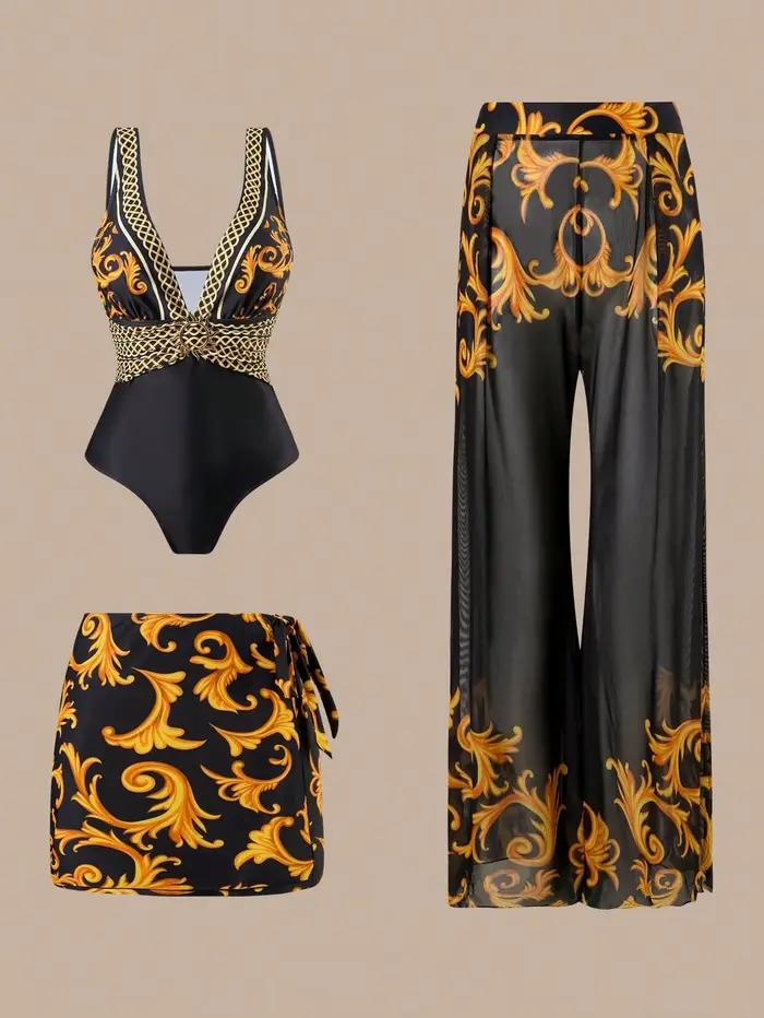 Ensemble de maillot de bain 3 pièces sexy pour femme, tendance, imprimé floral, pantalon long, maillot de bain une pièce, rythme oriental