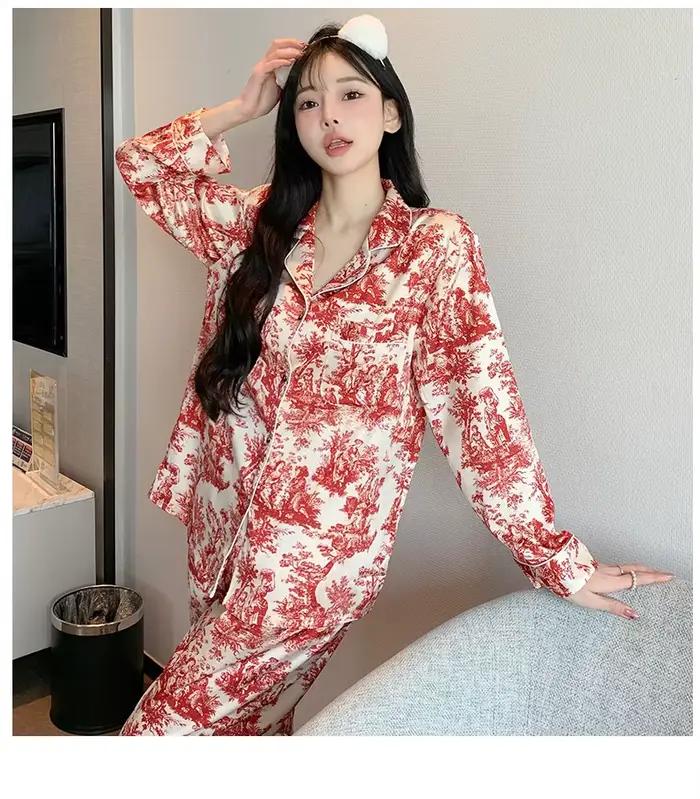 Pyjama en soie glacée pour femmes, Cardigan à revers imprimé, costume de maison, pantalon fin à manches longues, vêtements de nuit, printemps et été