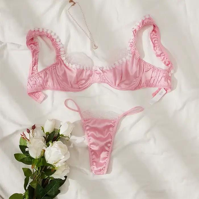 Ensemble de lingerie en satin rose doux, soutien-gorge en dentelle florale, sous-vêtements de luxe, lingerie de mariée, lingerie intime, lingerie sexy à pois avec empiècements en maille