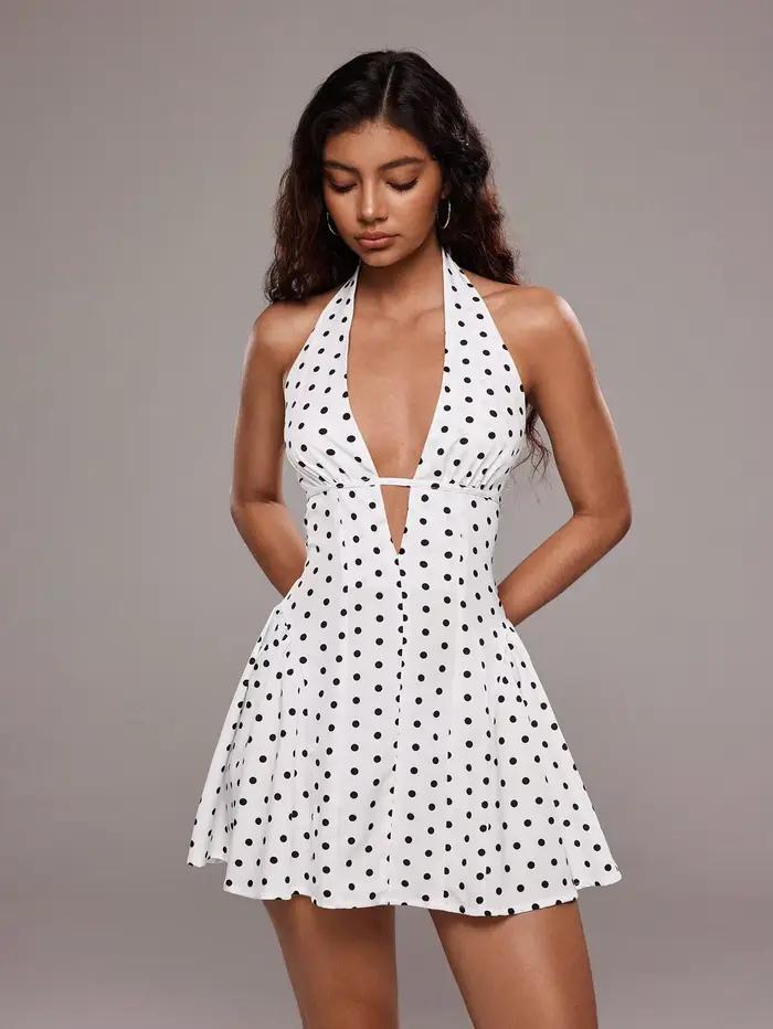Sexy letné minišaty s bodkami pre ženy, potlač odhalený chrbát, závesný golier