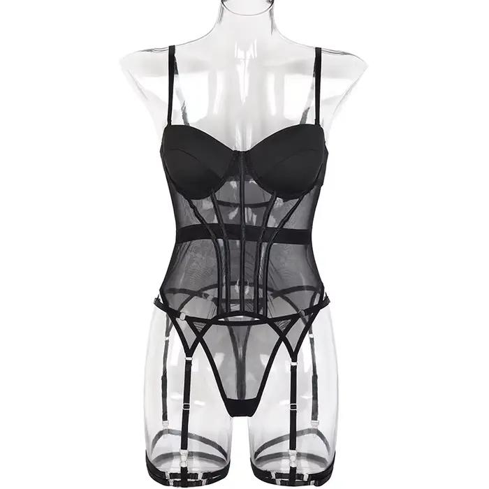 Lingerie Lxury značka body s odhaleným chrbtom pre ženy 3-dielna sada s podväzkom sexy šaty pre