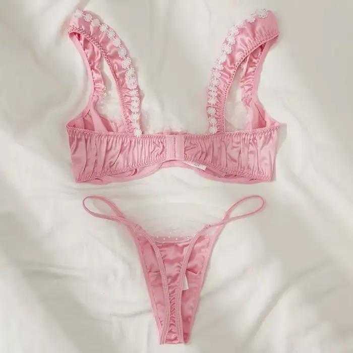 Ensemble de lingerie en satin rose doux, soutien-gorge en dentelle florale, sous-vêtements de luxe, lingerie de mariée, lingerie intime, lingerie sexy à pois avec empiècements en maille