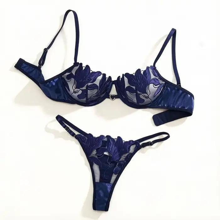 Ensemble de lingerie en dentelle brodée florale de style français bleu, soutien-gorge sexy et doux avec bonnets en acier, pour la Saint-Valentin ZA8240