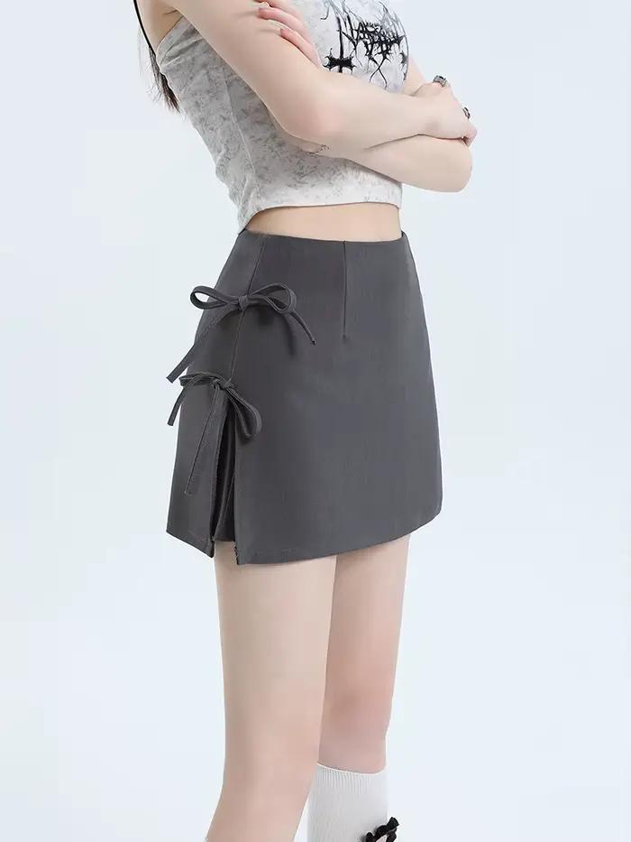 Jupe à nœud gris pour femmes, ligne a, taille haute, Slim, moulante, Style japonais, noire, Simple, décontractée, nouvelle collection été