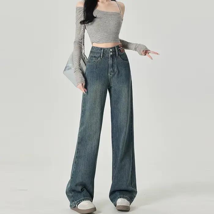 Pantalons de Femmes Élégants Polyester Large Taille Jean Droit Décontracté Occasions Spéciales