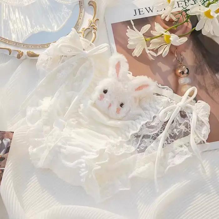 Culottes ajourées style 'Rabbit' pour femme, taille basse, à lacets, avec entrejambe en coton et volants en résille