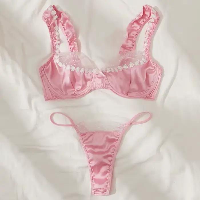 Ensemble de lingerie en satin rose doux, soutien-gorge en dentelle florale, sous-vêtements de luxe, lingerie de mariée, lingerie intime, lingerie sexy à pois avec empiècements en maille