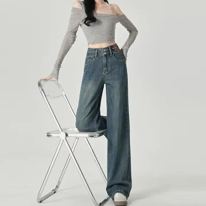Pantalons de Femmes Élégants Polyester Large Taille Jean Droit Décontracté Occasions Spéciales
