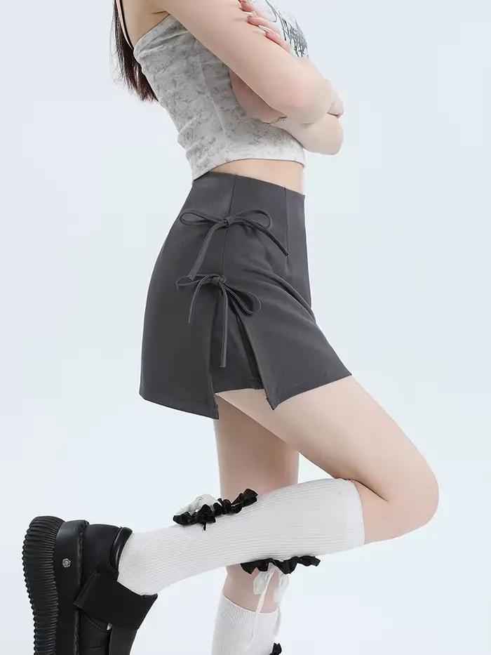 Jupe à nœud gris pour femmes, ligne a, taille haute, Slim, moulante, Style japonais, noire, Simple, décontractée, nouvelle collection été