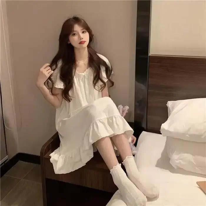 Chemise de nuit blanche mi-longue pour femmes, vêtements de nuit sexy d'été, pyjama, nouveaux vêtements de maison, robe de nuit pour dormir