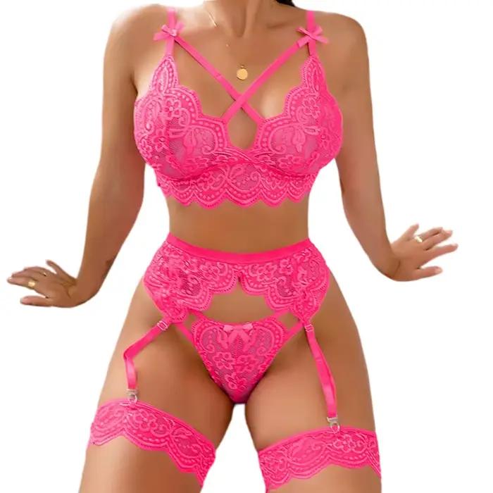Červený ružový sexy 4-dielny set spodnej bielizne