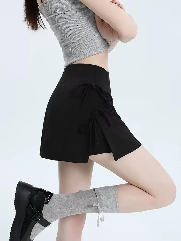 Jupe à nœud gris pour femmes, ligne a, taille haute, Slim, moulante, Style japonais, noire, Simple, décontractée, nouvelle collection été