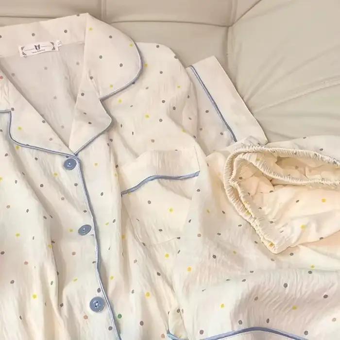 Ensemble pyjama en coton imprimé à pois pour femmes, haut à manches courtes et short, ensemble 2 pièces, ensemble décontracté et confortable pour la maison, doux