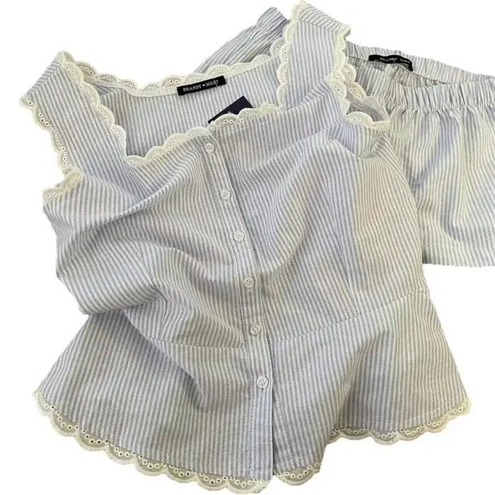 Pyjama rayé pour femmes, vêtements de nuit pour enfants, ensemble 2 pièces en dentelle, vêtements de nuit, débardeur coréen, costume de maison, nouvelle collection 2025