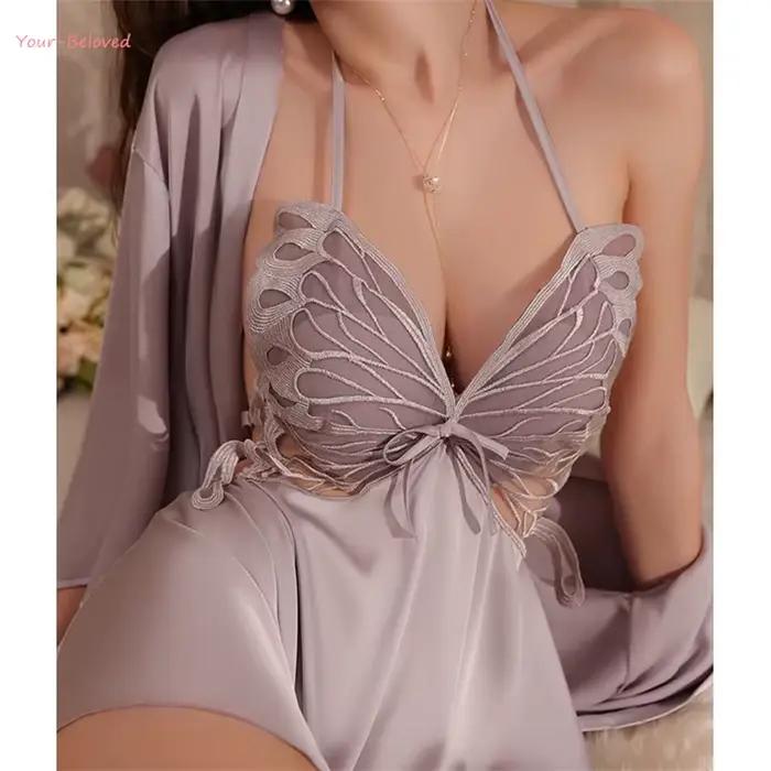 Chemise de nuit en satin violet pour femme, bretelles spaghetti, dentelle papillon, lingerie sexy, vêtements de nuit dos nu
