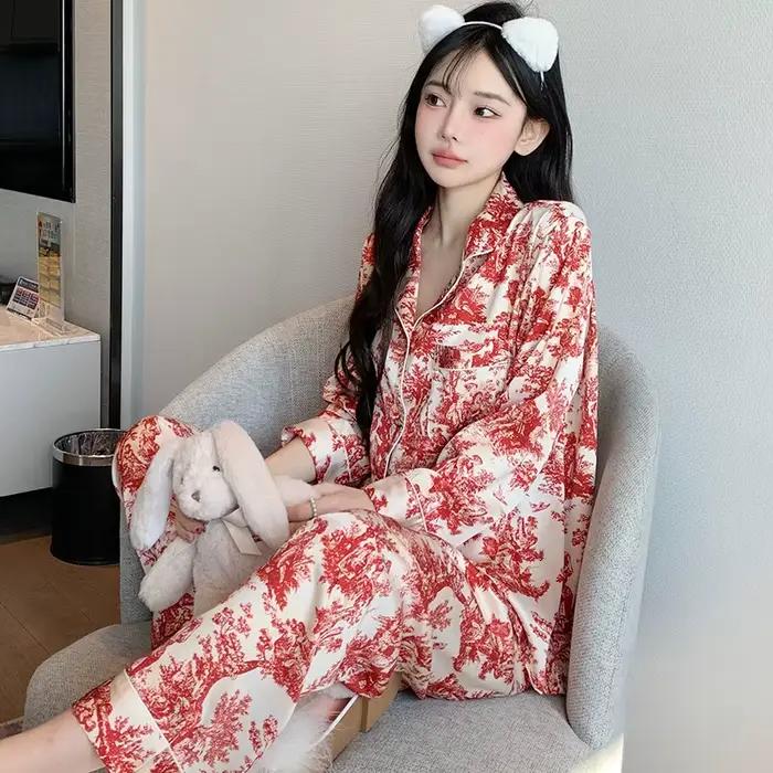 Pyjama en soie glacée pour femmes, Cardigan à revers imprimé, costume de maison, pantalon fin à manches longues, vêtements de nuit, printemps et été