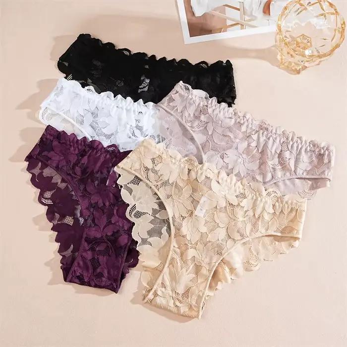 FINETOO 2 pièces femmes Satin sous-vêtements en dentelle florale Sexy évider culotte solide taille basse Perspective slips filles Lingerie douce