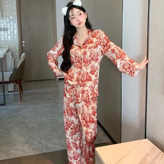 Pyjama en soie glacée pour femmes, Cardigan à revers imprimé, costume de maison, pantalon fin à manches longues, vêtements de nuit, printemps et été