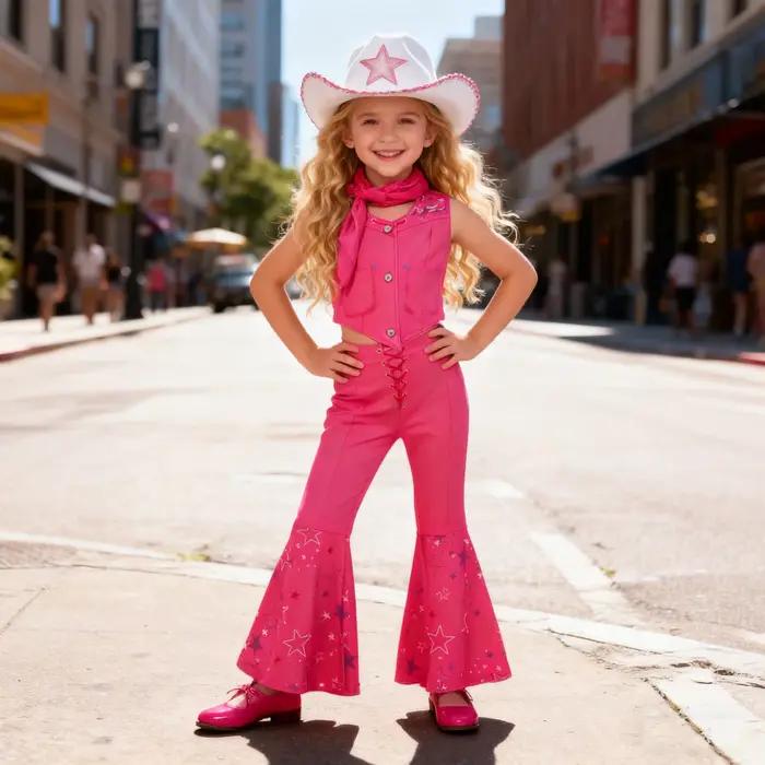 Costume de film Margot pour bébés filles, haut gilet rose et pantalon évasé, écharpe pour enfants, tenue de carnaval, fête d'anniversaire d'halloween