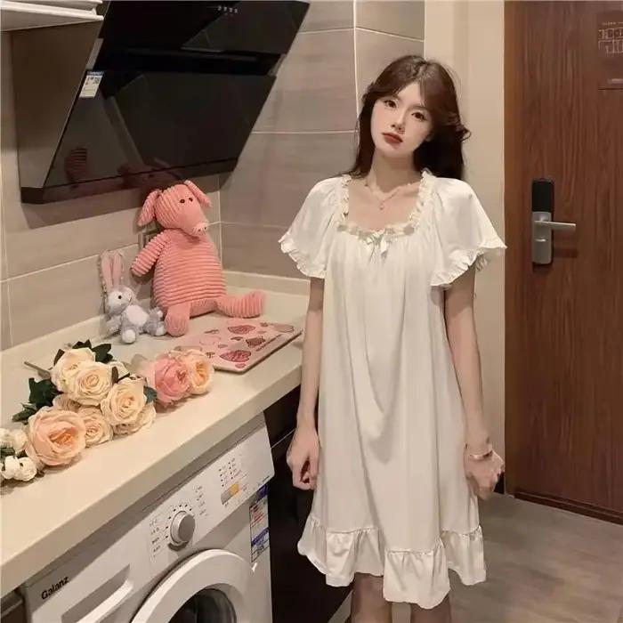 Chemise de nuit blanche mi-longue pour femmes, vêtements de nuit sexy d'été, pyjama, nouveaux vêtements de maison, robe de nuit pour dormir