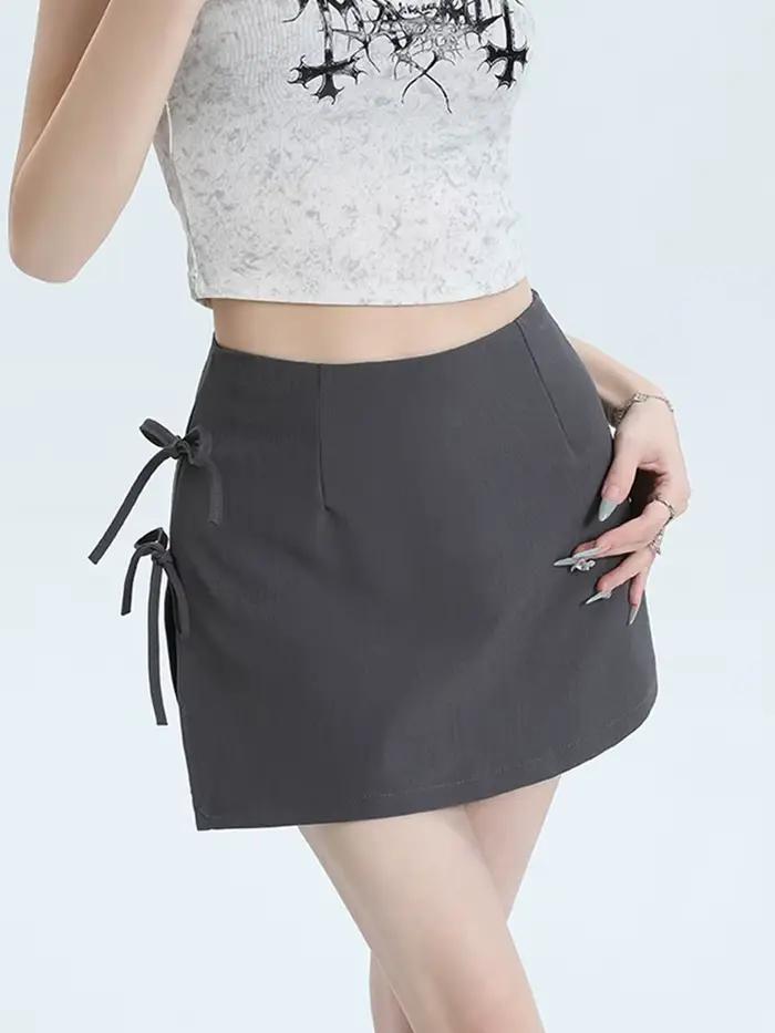 Jupe à nœud gris pour femmes, ligne a, taille haute, Slim, moulante, Style japonais, noire, Simple, décontractée, nouvelle collection été
