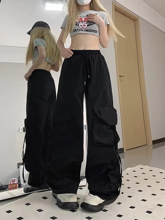 Zoki ružové streetwear cargo nohavice pre ženy voľné Harajuku Y2K rovné