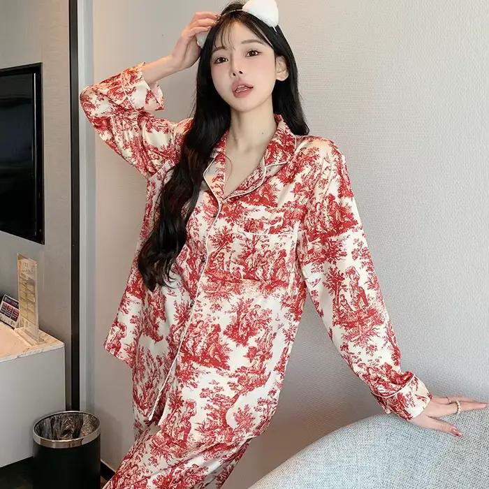 Pyjama en soie glacée pour femmes, Cardigan à revers imprimé, costume de maison, pantalon fin à manches longues, vêtements de nuit, printemps et été